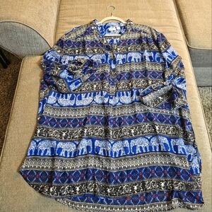 Cato Blue Black Print Casual Office Career Sheer Popover Blouse Size 26/28